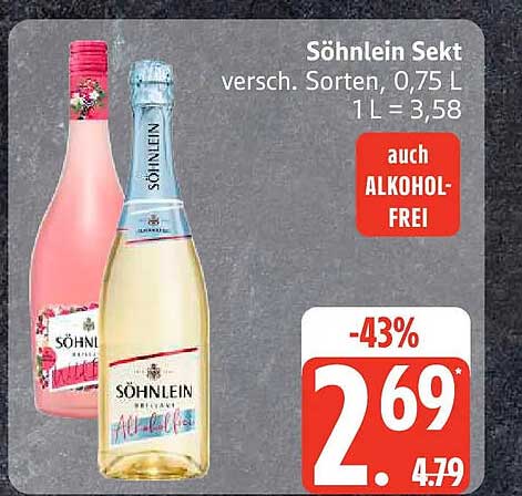 Söhnlein Sekt versch. Sorten, 0,75 L 1 L = 3,58 auch ALKOHOL-FREI