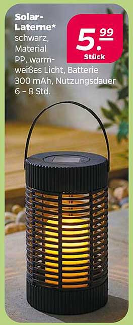 Solar-Laterne* schwarz, Material PP, warmweißes Licht, Batterie 300 mAh, Nutzungsdauer 6 - 8 Std.