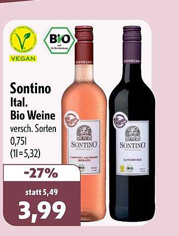 Sontino Ital. Bio Weine versch. Sorten 0,75l (1l=5,32)