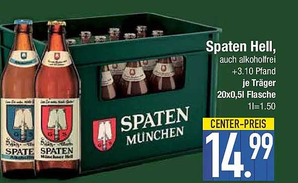 Spaten Hell, auch alkoholfrei +3.10 Pfand je Träger 20x0,5l Flasche 1l=1.50
