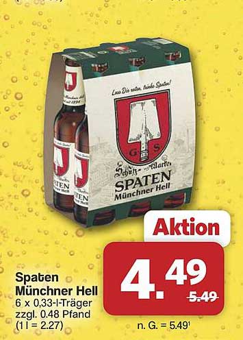 Spaten Münchner Hell 6 x 0,33-l-Träger zzgl. 0,48 Pfand (1 l = 2,27)