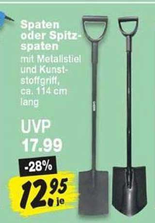 Spaten oder Spitzspaten mit Metallstiel und Kunststoffgriff, ca. 114 cm lang