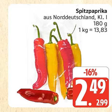 Spitzpaprika aus Norddeutschland, Kl. I 180 g 1 kg = 13,83