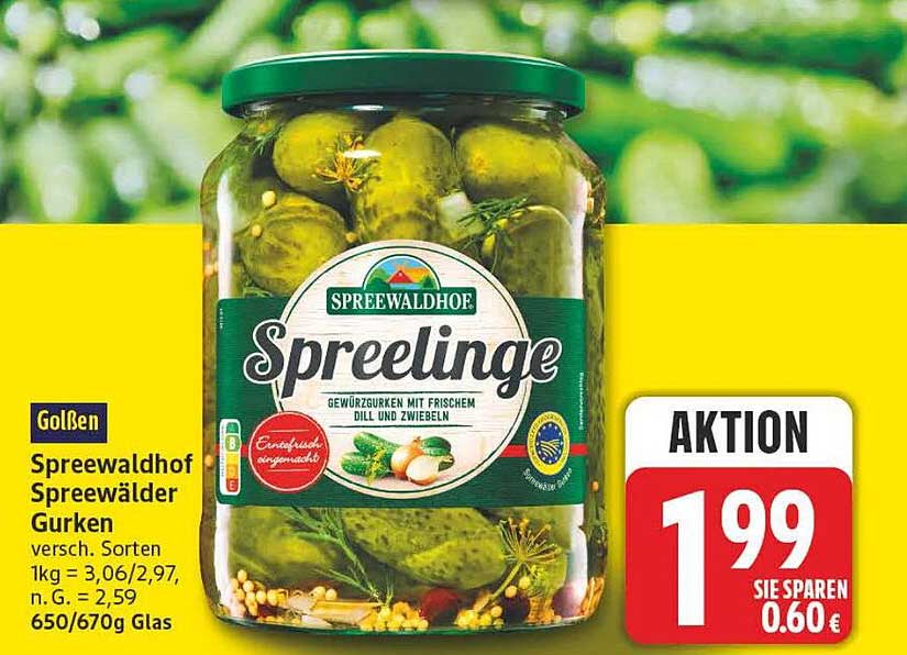 Spreewaldhof Spreewälder Gurken versch. Sorten 1kg = 3,06/2,97, n. G. = 2,59 650/670g Glas