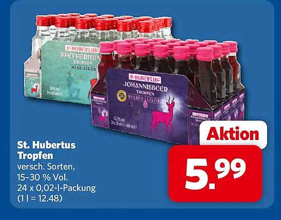 St. Hubertus Tropfen versch. Sorten, 15-30 % Vol. 24 x 0,02-l-Packung (1 l = 12.48)