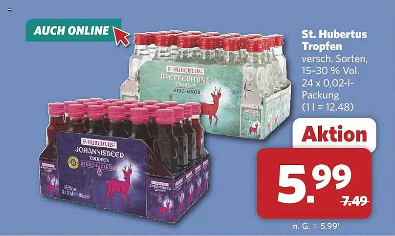 St. Hubertus Tropfen versch. Sorten, 15-30 % Vol. 24 x 0,02-l-Packung (1 l = 12.48)