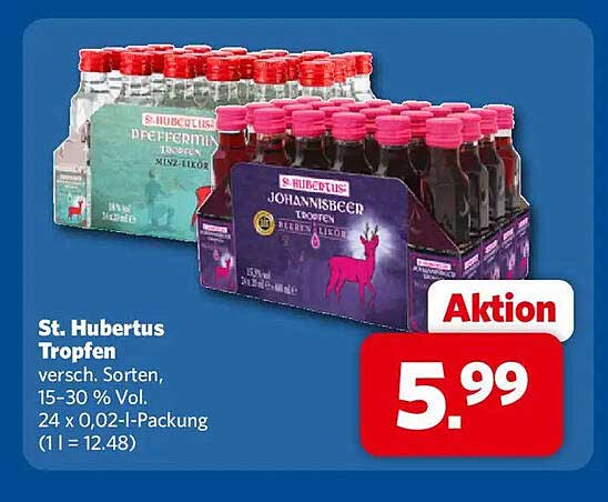 St. Hubertus Tropfen versch. Sorten, 15-30 % Vol. 24 x 0,02-l-Packung (1 l = 12.48)