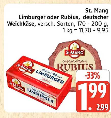 St. Mang Limburger oder Rubius, deutscher Weichkäse, versch. Sorten, 170 - 200 g, 1 kg = 11,70 - 9,95