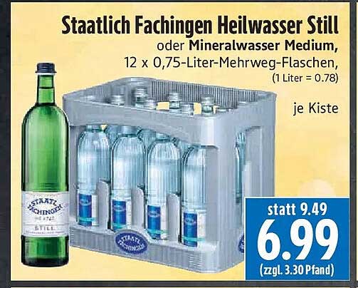 Staatlich Fachingen Heilwasser Still oder Mineralwasser Medium, 12 x 0,75-Liter-Mehrweg-Flaschen, (1 Liter = 0.78)