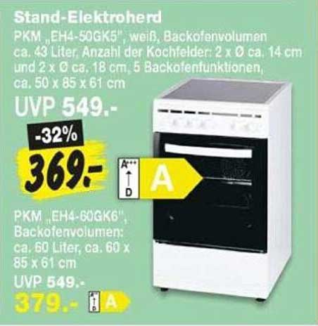Stand-Elektroherd PKM „EH4-50GK5“, weiß, Backofenvolumen ca. 43 Liter, Anzahl der Kochfelder: 2 x Ø ca. 14 cm und 2 x Ø ca. 18 cm, 5 Backofenfunktionen, ca. 50 x 85 x 61 cm