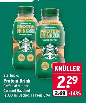 Starbucks Protein Drink Caffe Latte oder Caramel Haselnut, je 330-ml-Flasche, 1-l-Preis 6.94