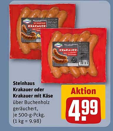 Steinhaus Krakauer oder Krakauer mit Käse über Buchenholz geräuchert, je 500-g-Packg. (1 kg = 9.98)