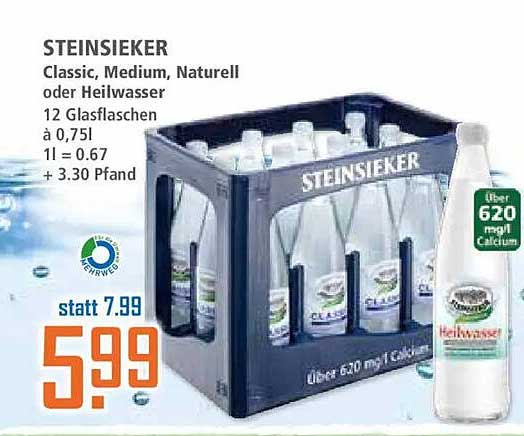 STEINSIEKER Classic, Medium, Naturell oder Heilwasser 12 Glasflaschen à 0,75l