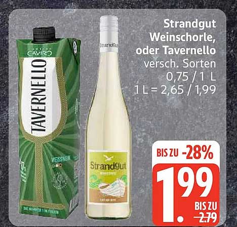 Strandgut Weinschorle, oder Tavernello versch. Sorten 0,75 / 1 L 1 L = 2,65 / 1,99