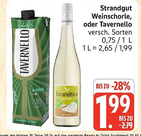 Strandgut Weinschorle, oder Tavernello versch. Sorten 0,75 / 1 L 1 L = 2,65 / 1,99