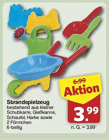 Strandspielzeug bestehend aus kleiner Schubkarre, Gießkanne, Schaukel, Harke sowie 2 Förmchen 6-teilig