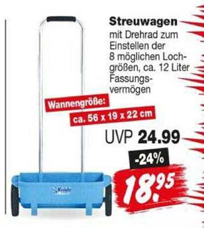 Streuwagen mit Drehgrad zum Einstellen der 8 möglichen Lochgrößen, ca. 12 Liter Fassungsvermögen