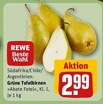 Südafrika/Chile/Argentinien: Grüne Tafelbirnen »Abate Fetel«, Kl. I, je 1 kg