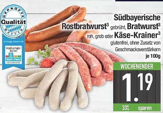 Südbayerische Rostbratwurst gebrüht, Bratwurst roh, grob oder Käse-Krainer
