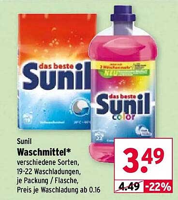 Sunil Waschmittel* verschiedene Sorten, 19-22 Waschgänge, je Packung / Flasche, Preis je Waschladuung ab 0.16
