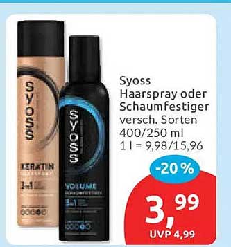 Syoss Haarspray oder Schaumfestiger versch. Sorten 400/250 ml 1 l = 9,98/15,96