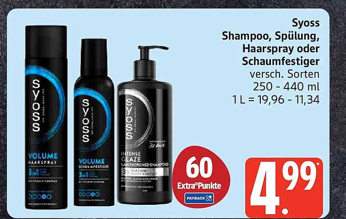Syoss Shampoo, Spülung, Haarspray oder Schaumfestiger versch. Sorten 250 - 440 ml 1 L = 19,96 - 11,34