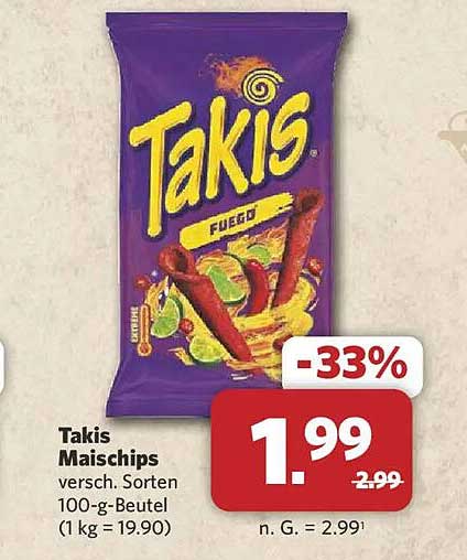 Takis Maischips versch. Sorten 100-g-Beutel (1 kg = 19.90)