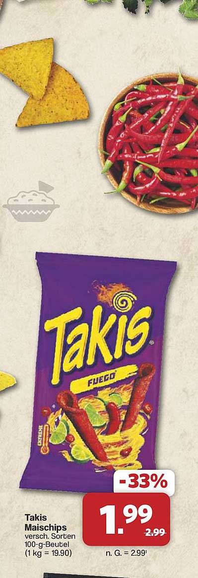 Takis Maischips versch. Sorten 100-g-Beutel (1 kg = 19.90)