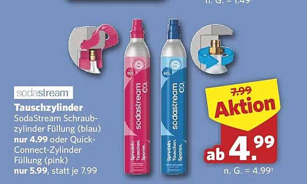 Tauschzylinder SodaStream Schraubzylinder Füllung (blau) nur 4.99 oder Quick-Connect-Zylinder Füllung (pink) nur 5.99 statt je 7.99