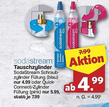 Tauschzylinder SodaStream Schraubzylinder Füllung (blau) nur 4.99 oder Quick-Connect-Zylinder Füllung (pink) nur 5.99, statt je 7.99