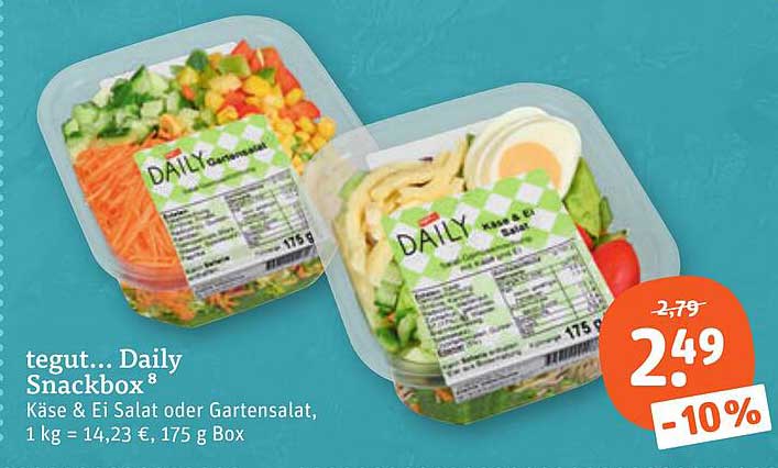 tegut... Daily Snackbox Käse & Ei Salat oder Gartensalat, 1 kg = 14,23 €, 175 g Box