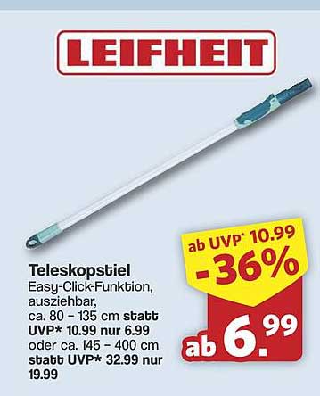 Teleskopstiel Easy-Click-Funktion, ausziehbar, ca. 80 - 135 cm statt UVP* 10.99 nur 6.99 oder ca. 145 - 400 cm statt UVP* 32.99 nur 19.99
