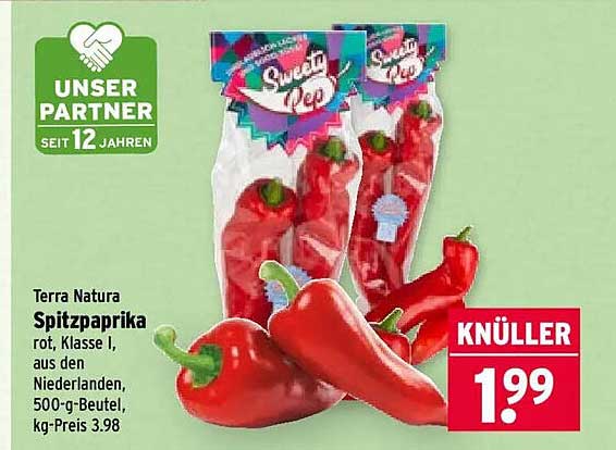 Terra Natura Spitzpaprika rot, Klasse I, aus den Niederlanden, 500-g-Beutel, kg-Preis 3.98
