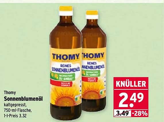 Thomy Sonnenblumenöl kaltgepresst, 750-ml-Flasche, 1-l-Preis 3.32