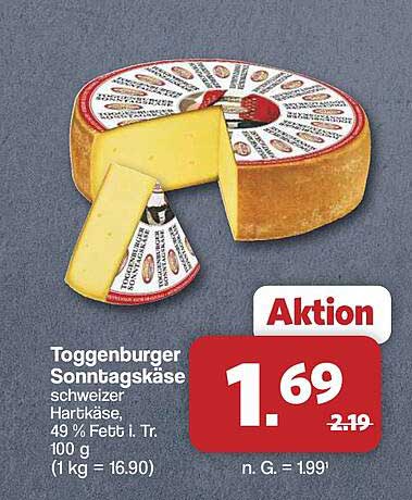 Toggenburger Sonntagskäse schweizer Hartkäse, 49 % Fett i. Tr., 100 g (1 kg = 16.90)