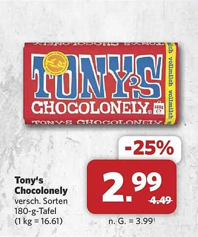 Tony's Chocolonely versch. Sorten 180-g-Tafel (1 kg = 16.61)