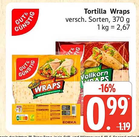 Tortilla Wraps versch. Sorten, 370 g 1 kg = 2,67