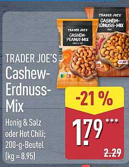 TRADER JOE'S Cashew-Erdnuss-Mix Honig & Salz oder Hot Chili; 200-g-Beutel (kg = 8,95)