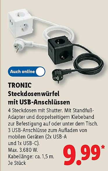 TRONIC Steckdosenwürfel mit USB-Anschlüssen