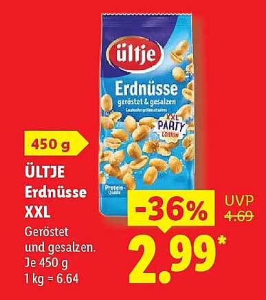 ÜLTJE Erdnüsse XXL Geröstet und gesalzen, Je 450 g, 1 kg = 6.64