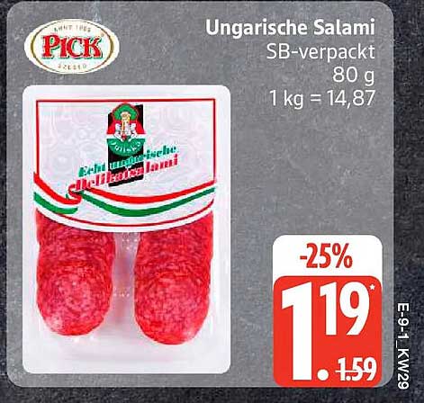 Ungarische Salami SB-verpackt 80 g 1 kg = 14,87