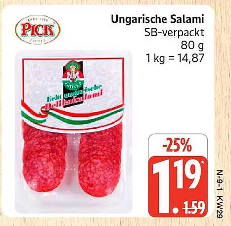 Ungarische Salami SB-verpackt 80 g 1 kg = 14,87