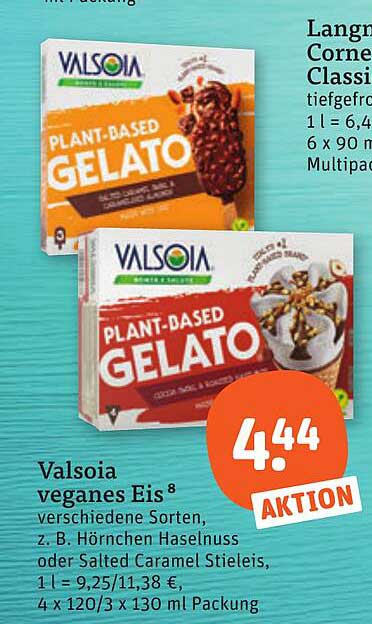 Valsoia veganes Eis verschiedene Sorten, z. B. Hörnchen Haselnuss oder Salted Caramel Stieleis, 1 l = 9,25/11,38 €, 4 x 120/3 x 130 ml Packung