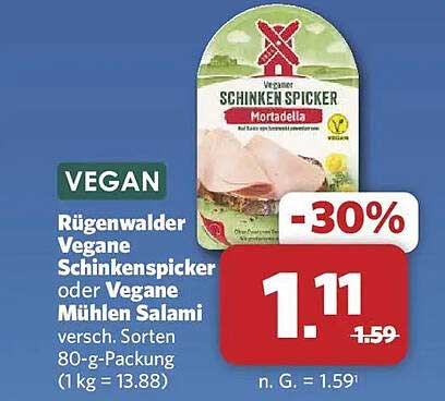 VEGAN Rügenwalder Vegane Schinkenspicker oder Vegane Mühlen Salami versch. Sorten 80-g-Packung (1 kg = 13.88)