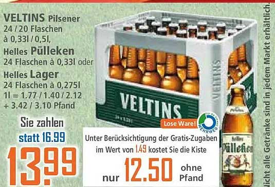 VELTINS Pilsener 24/20 Flaschen à 0,33 l / 0,5 l, Helles Pülleken 24 Flaschen à 0,33 l oder Helles Lager 24 Flaschen à 0,275 l