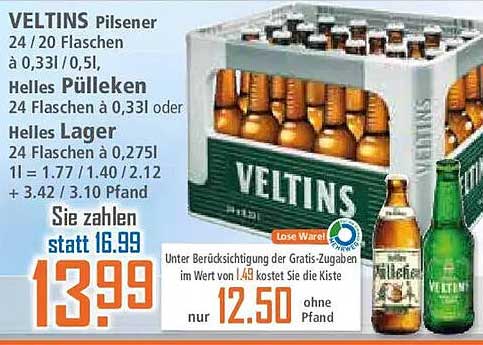 Veltins Pilsener 24/20 Flaschen à 0,33l / 0,5l, Helles Pülleken 24 Flaschen à 0,33l oder Helles Lager 24 Flaschen à 0,275l