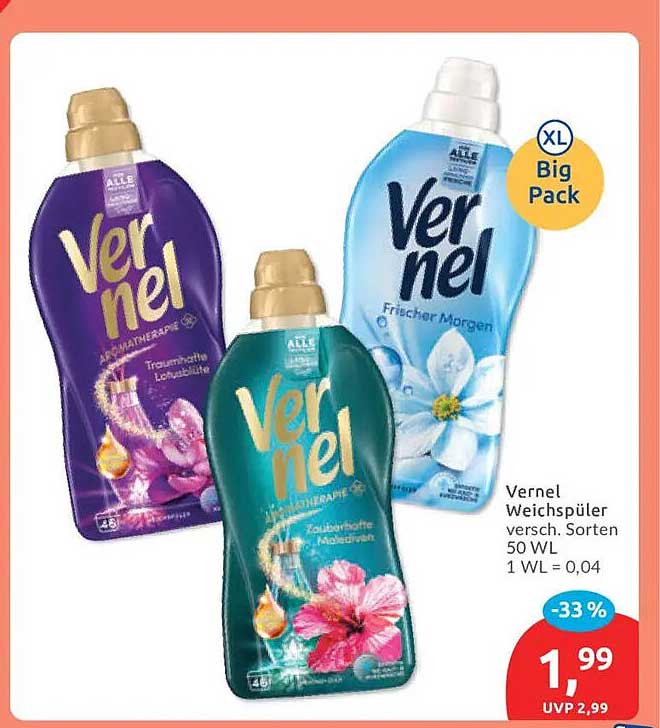 Vernel Weichspüler versch. Sorten 50 WL 1 WL = 0,04