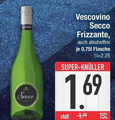 Vescovino Secco Frizzante, auch alkoholfrei je 0,75l Flasche
