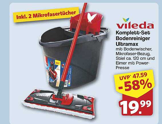 Vileda Komplett-Set Bodenreiniger Ultramax mit Bodenwischer, Mikrofaser-Bezug, Stiel ca. 120 cm und Eimer mit Power-Presse