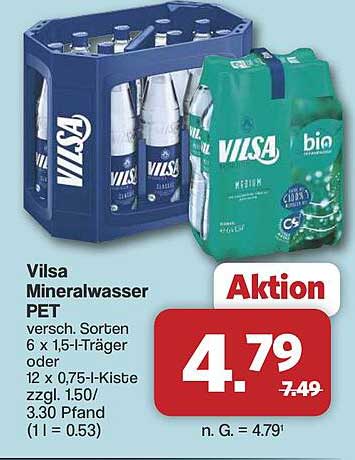 Vilsa Mineralwasser PET versch. Sorten 6 x 1,5-l-Träger oder 12 x 0,75-l-Kiste zzgl. 1.50/3.30 Pfand (1 l = 0.53)